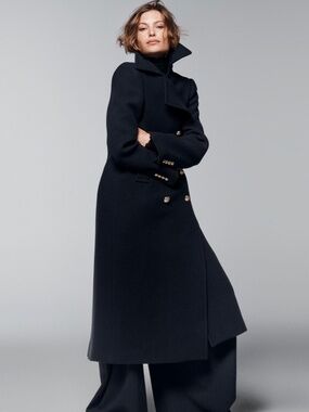 Zara Wool Coat Double Breasted Embossed Metal Buttons Dark Navy Lapel Collar
